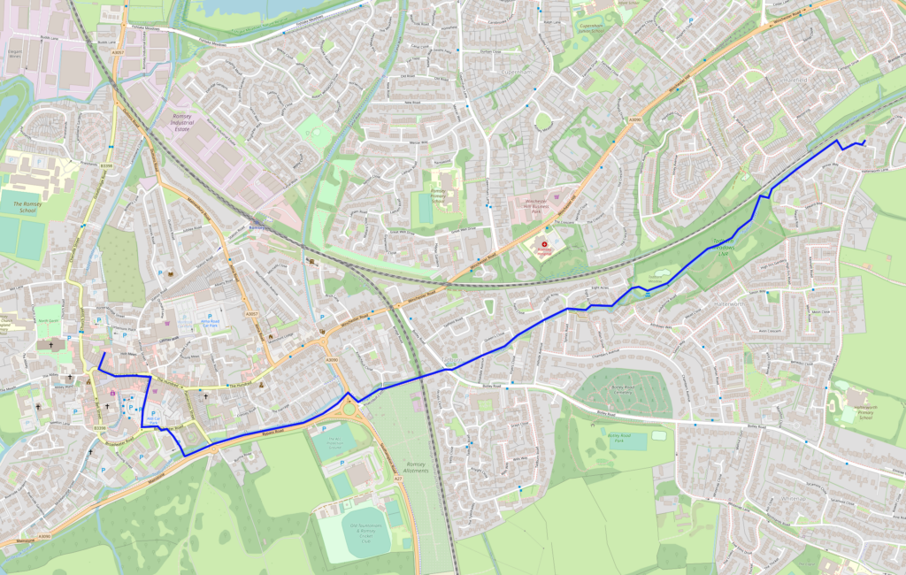 A map of Romsey showing a walking route from Halterworth to the town centre