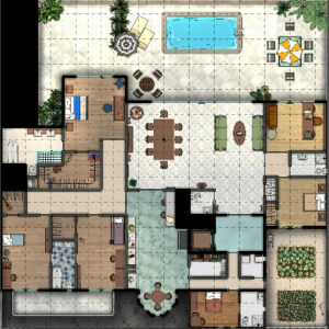 The layout of Mr. Sato's apartment. At the top is a rooftop balcony that includes a swimming pool and lounging area. This is accessed via patio doors from the dining room which occupies the middle of the map. To the west of that is the master bedroom (with adjoining ensuite facilities) accessed from a connecting passageway to the south of the master bedroom. Also connected to that passageway and to the south of it are two smaller bedrooms (which have access to a small balcony). To the east of those rooms is a kitchen (and continuing eastwards) and small bedroom for a maid and some storage rooms. To the west of the dining room (and from north to south) is an office, another bedroom and greenhouse/conservatory used to grow vegetables.