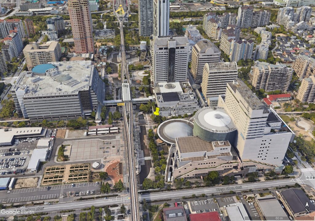 A google earth image that shows a busy city view. There is an above ground metro station in the centre of the image with its metro line running vertically through the image. There are large complexes to the left and right of the metro station. The restaurant is on the southwestern corner of the right hand complex.