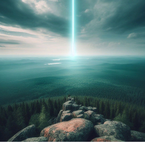 A beam of light projecting vartiaclly in the distance. The viewpoint is on a rocky outcrop overlooking a vast forest with the beam of light in the distance.