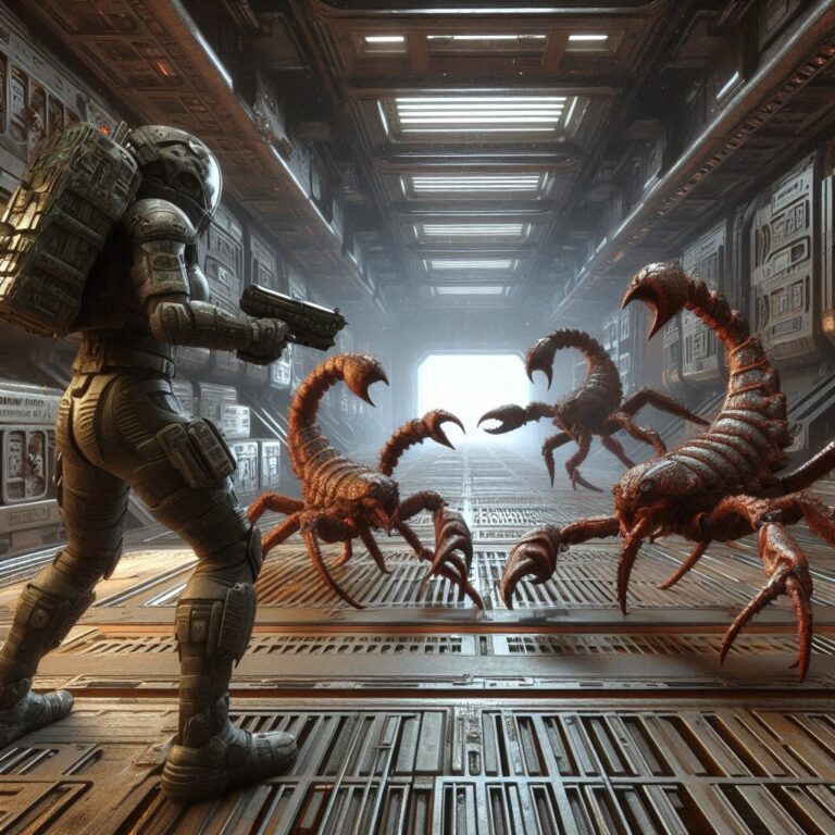 Junebug in her combat armour and in a corridor fighting off three large scorpion like enemies. She is wielding her last pistol her while the creatures attempt to disable her by using their tails as clubs.