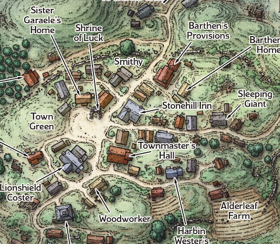 A map of the village of Phandalin showing several locations including Shrine of Luck, Townmaster's Hall, Town Green, Stonehill Inn, Sleeping Giant, Barthen's Provisions and Alderleaf Farm