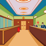 View of a hotel lobby with desks to the left and right and a set of lift doors opposite the viewpoint