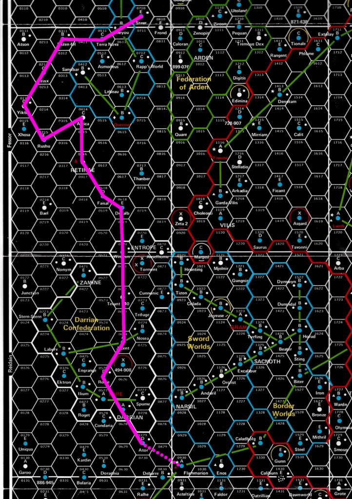 A map of an area of the spinward marches showing the route recorded in the captain's log and (dotted) the jump from Ator to Flammarion for which the navigator had computed the jump coordinates