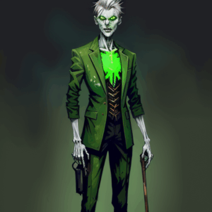 A smartly dressed zombie with a green glowing chest