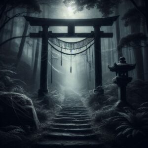 A crumbling set of steps leading uphill a dark forest. A Torii gate straddles the path