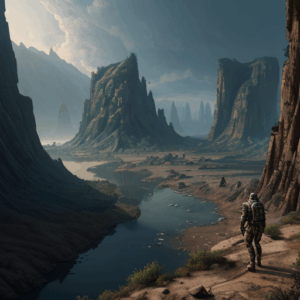 A view of a canyon showing massive outcropping of uneroded rock. There is a river at the bottom of the canyon. A spacesuited figure is gazing at the landscape