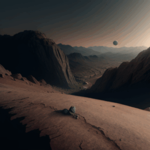 View of dry desert-like environment. There is a small moon visible close to the horizon