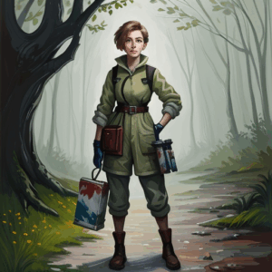 A youngish looking lady wearing practical clothing and carrying a toolbox and assorted tools. She is walking down a path through some trees.