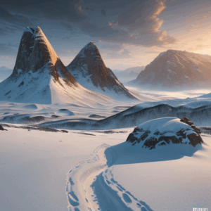 A snow field showing some tracks (which stop a short distance away). Mountains are visible in the distance