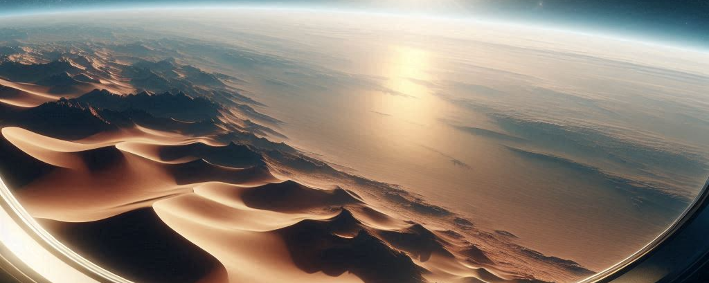 View of a sandy desert-like scene viewed though a large window on a spacecraft flying over the scene