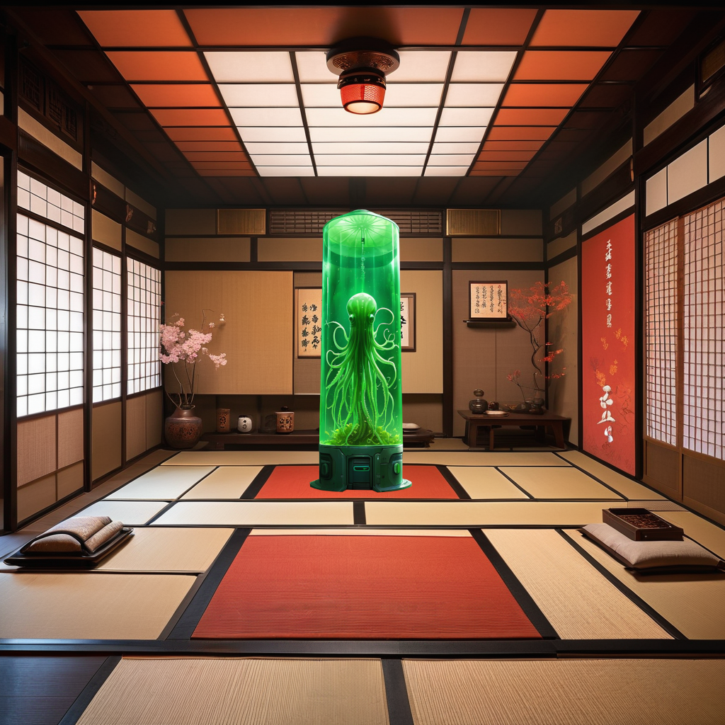 A room decorated as an ancient Japanese practice room. There are Tatami mats on the floor and a large translucent green cylinder at the far end of the room. There is something tentacled inside the cylinder