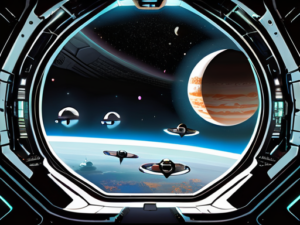 A view through a viewport of starships forming up to defend Iderati Starport