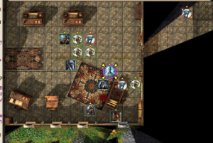 The inside of an office building showing the situation at the end of the session. One doppelganger has been killed while the one of the other three is visible having left the main room by a door to the east.