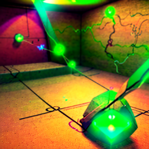 A room with a weird green crystal on the floor, a strange diagram on the right hand and something happening on the far wall