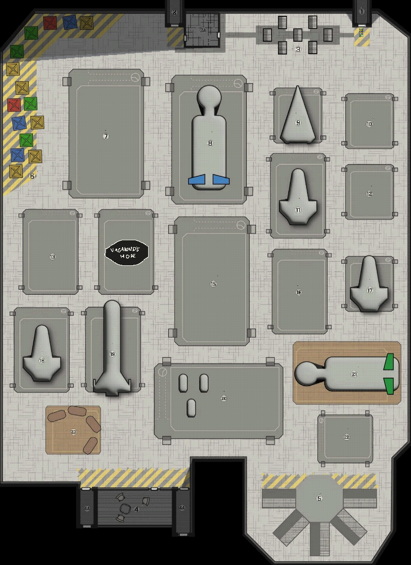 A view of docking bay 4 full of ships. The Vagabond's hope is roughly in the centre of the docking bay with the party arriving at the top right.