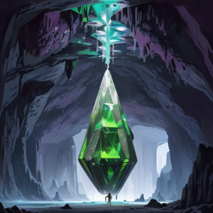 A large green crystal in a cavern
