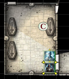 Tremen and Tarqual in the southeast corner of a 20 foot by 30 foot. There are three sarcophagi in the room with them