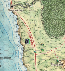 A map showing the route between Phandalin and Neverwinter. The main road goes south from Neverwinter and after 10 hexes or so a side path leads off to the east that leads to Phandalin. To the east of Neverwinter a river winds it way down from the mountains (off map). To the south of the river and east of the road is a large forest called Neverwinter Wood.