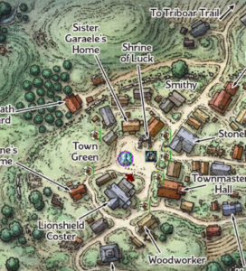 A map of the central part of Phandalin showing the Town Green