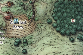 A close in view of the map showing Alderleaf farm in the west of the view and a wooded area to the east of the farm