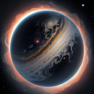 A backlit gas giant. A few bright points of light can be seen above the clouds
