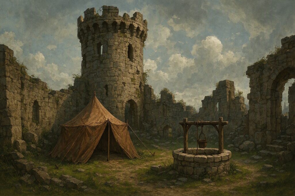 A small ruined castle looking at a two storey tower that is mostly intact. In front of that is a medium-sized tent and to the left (and closer still to the viewpoint) is a well complete with rope, pulley and bucket.