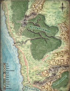 A map of the area around Neverwinter showing the coast north and south of the city and the lands to the east.