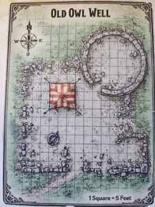 A map of old owl well, the ruined castle on the hill. The well has a diameter of five feet. Fifteen feet north of the well is a fifteen foot square tent. Thirty feet to the Northeast of the tent is a forty foot diameter small tower.