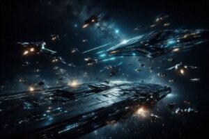 A space battle showing two large starships with many fighters in the fight. The large vessel in the foreground is suffering significant to its leading starboard side.