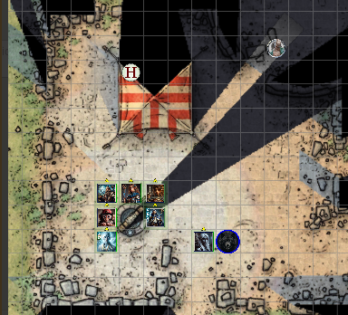 Most of the party clustered around an old well. Harman is inside a tent to the north of the well (about 30 feet away) while Silanne and her wolf are about 15 feet to the east of the well