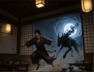 A male figure in a kimono running away from a spectral wolf in a japanese style restaurant