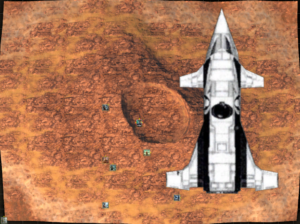 A Zhodani scout ship on the surface of a mars-like (in colour) moon surrounded by the party. To the west of the scout ship is a crater in which is a Droyne