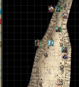 A battlemap showing the party much deeper into the valley. Tremen is in the lead with two bugbears on either side of him. Tharbin and Tarqual (with Fortenbrass the monkey) are three to five squares behind him. Crom is a further square back (and to the right) with a beefy looking orc just behind him. A goblin can also be seen at the bottom of the battlemap